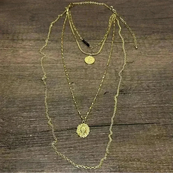 Gold Tone Four Strand Coin and Lion Pendants Necklace - Picture 1 of 7